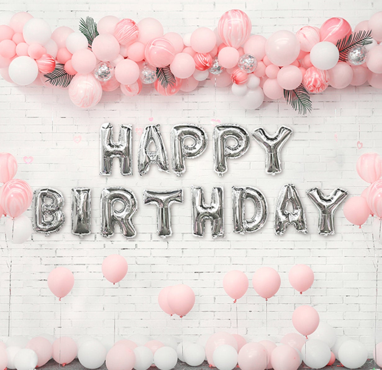 Silver Happy Birthday with Pink Balloon Garlands Kit