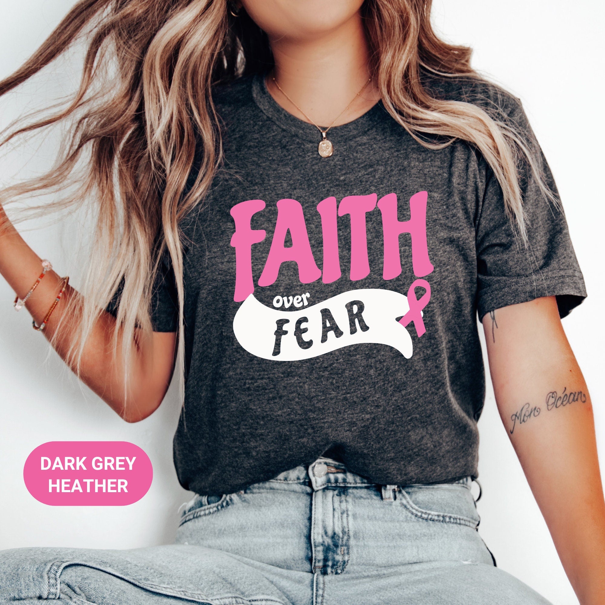 Pink Breast Cancer Shirt Women, Breast Cancer Party Decorations, Faith Over Fear Shirt, Pink Ribbon Awareness Breast Cancer Survivor Gift