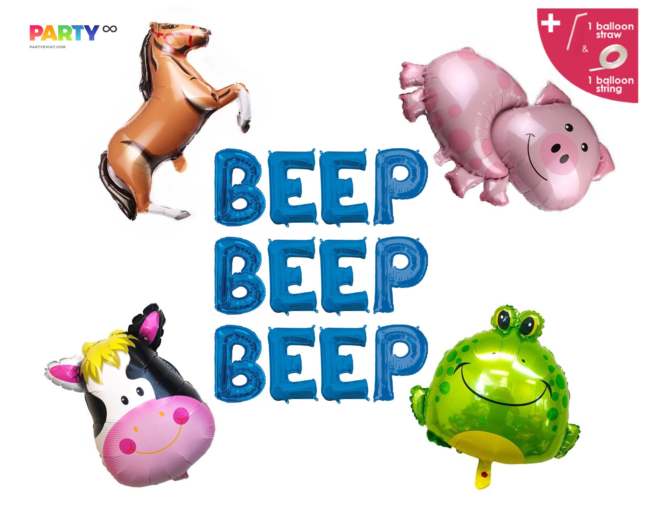 Beep Beep Beep Balloon Set: Farm Cow Pig Horse Truck Birthday Party Decor