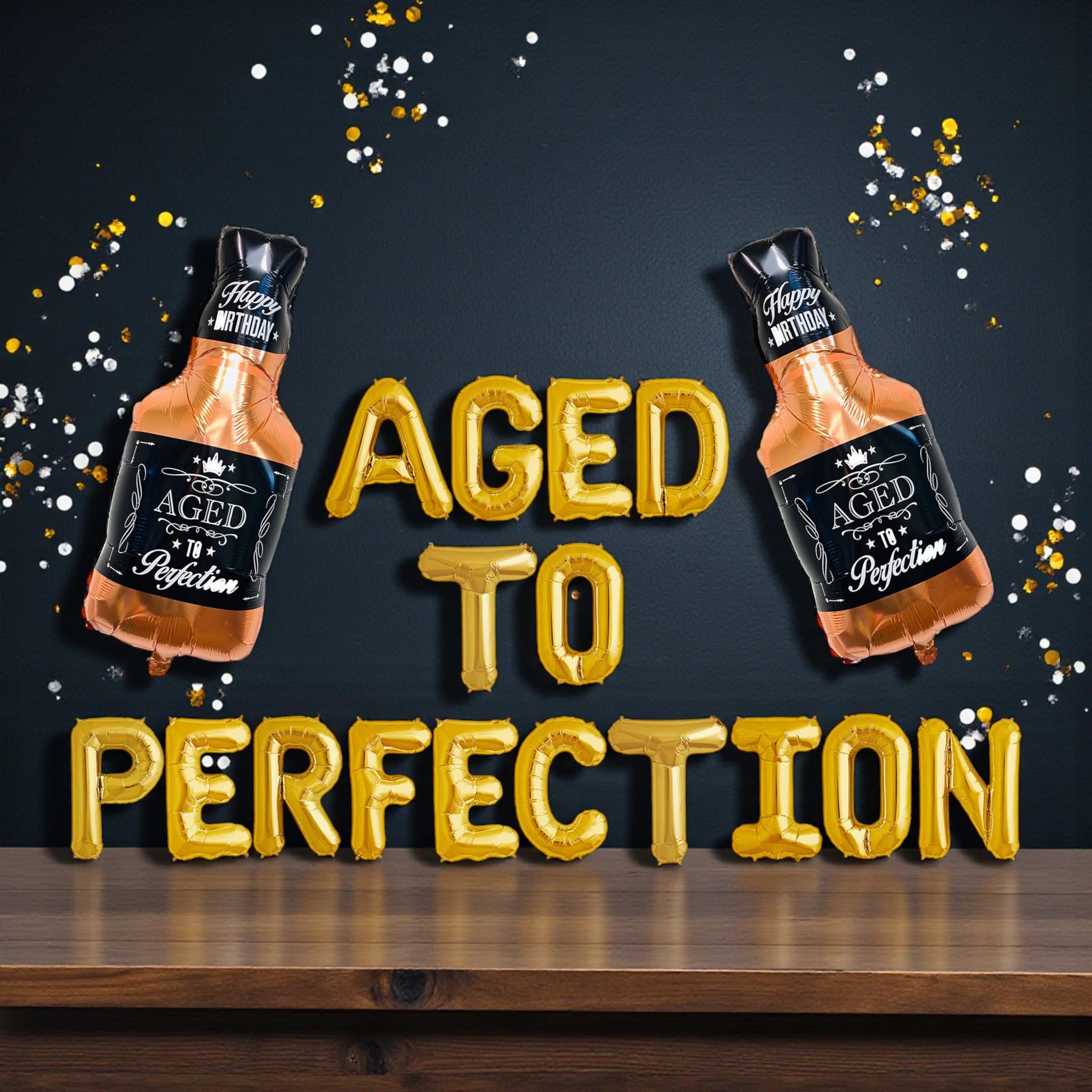 Aged to Perfection Balloon Banner: 30th–60th Milestone Birthday Party Decor Whiskey Bottle Balloon