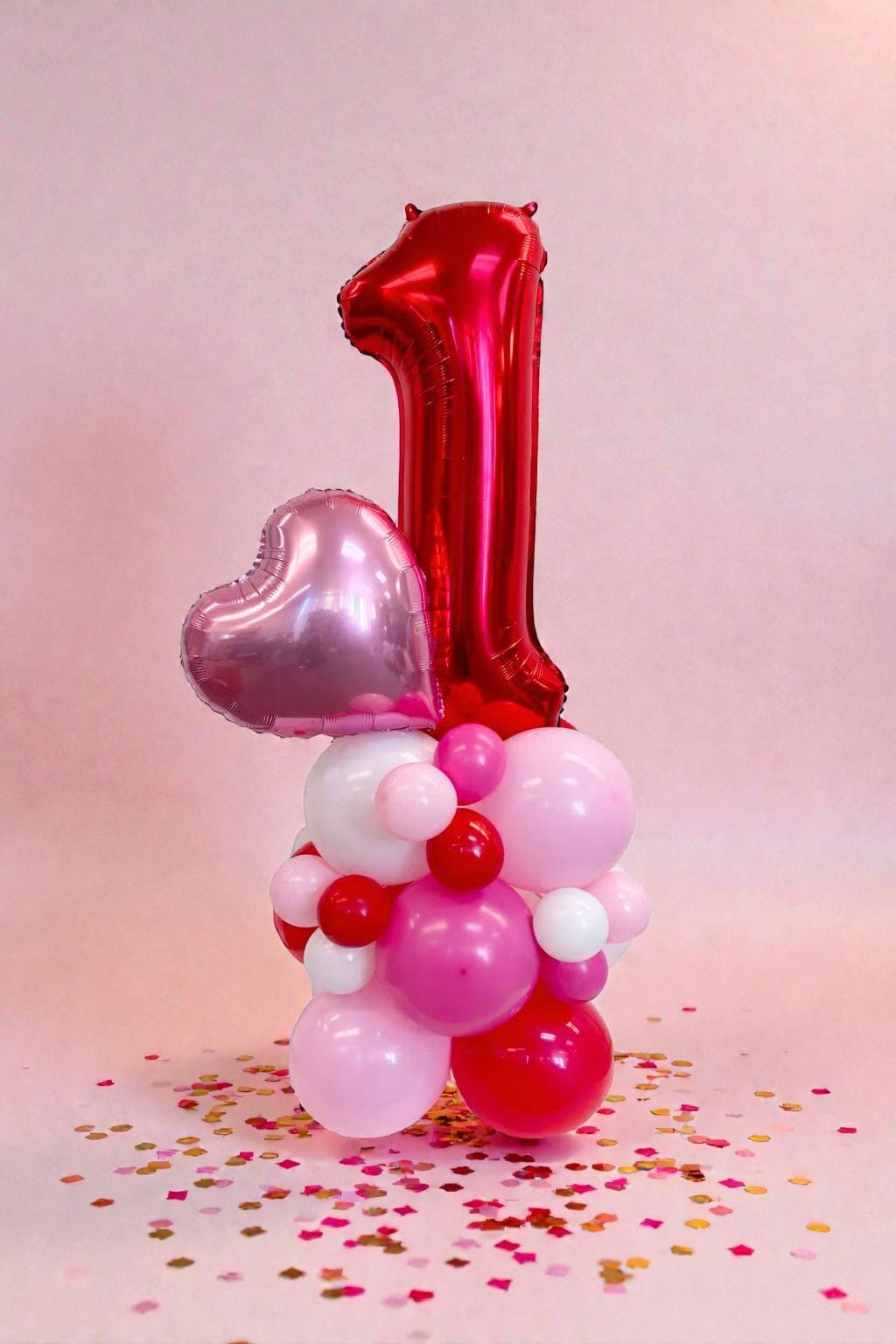 Valentine’s Day First Birthday Balloon Column with Heart: Galentine Baby Shower for One-Year-Old