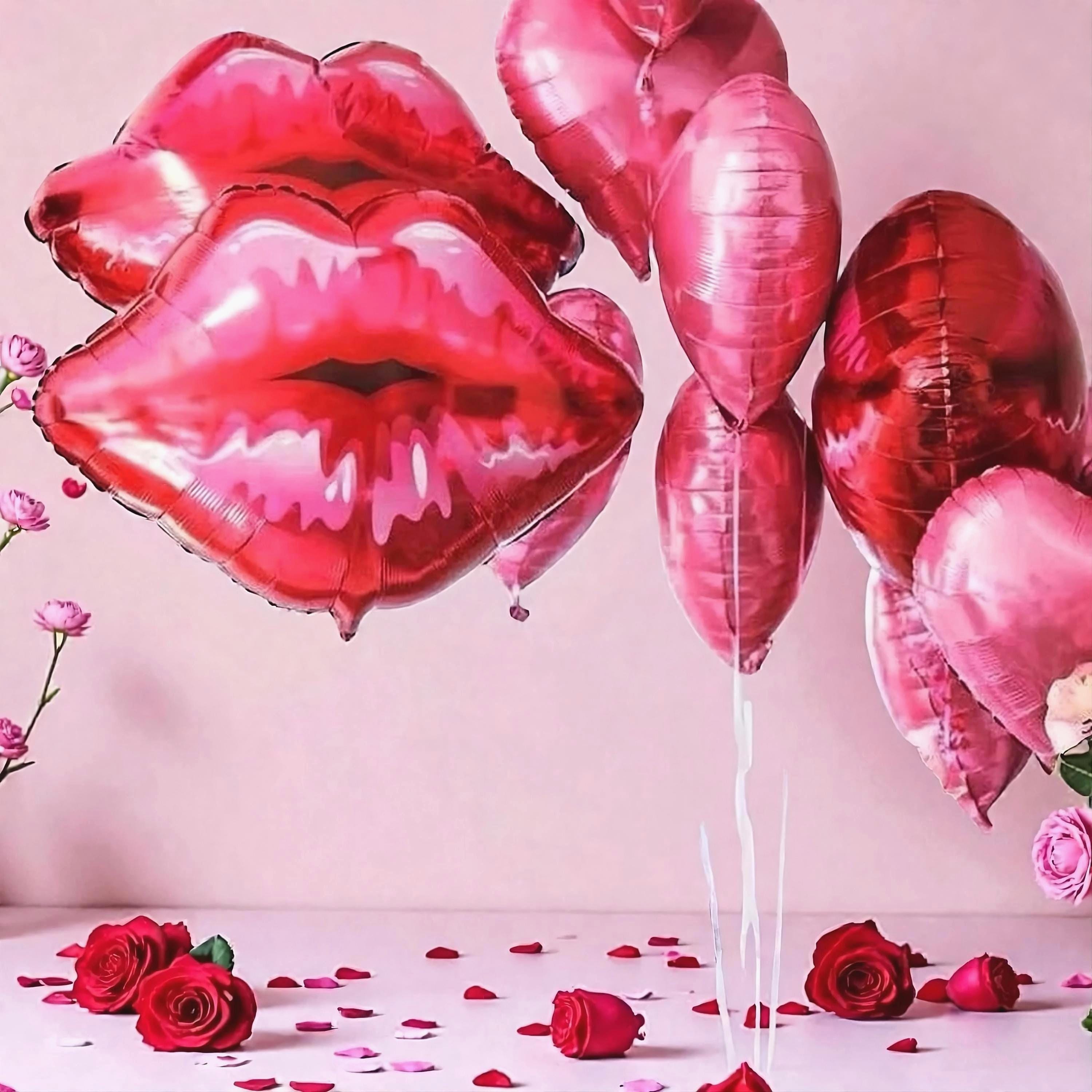 Red Lips 34‘’ Lipstick 32'' Balloon Kit: Valentine Galentine Kiss Makeup Fun Fashion Decor