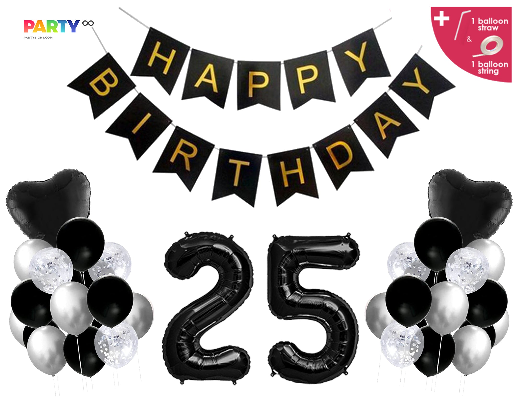 Black Themed 25th Birthday Balloon Set