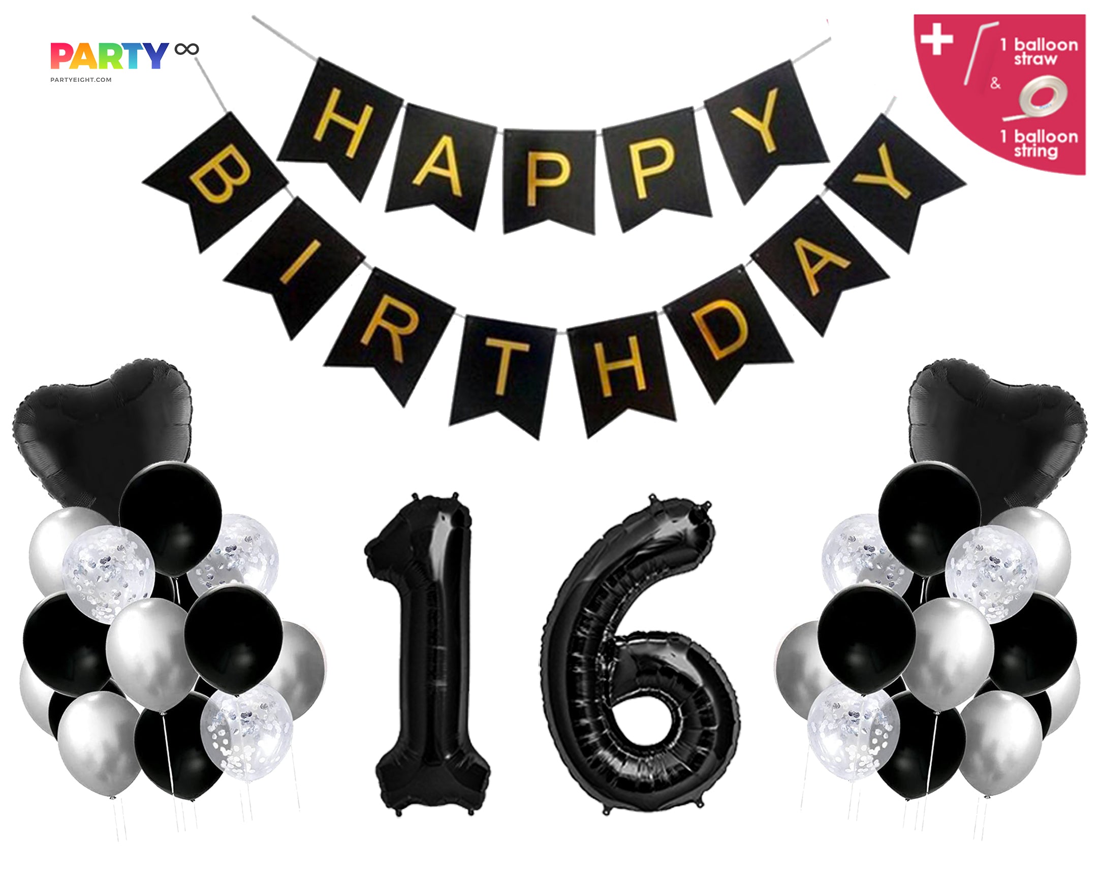 Black Themed 16th Birthday Balloon Set