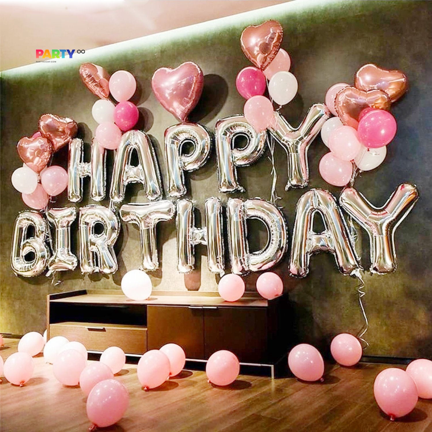 Silver Happy Birthday Decoration with Pink Balloon Bouquet