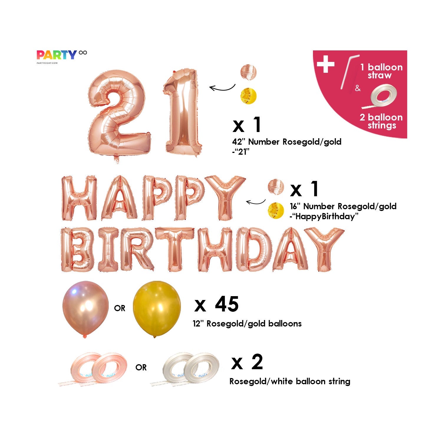 Rose Gold 21st Birthday Balloon Set