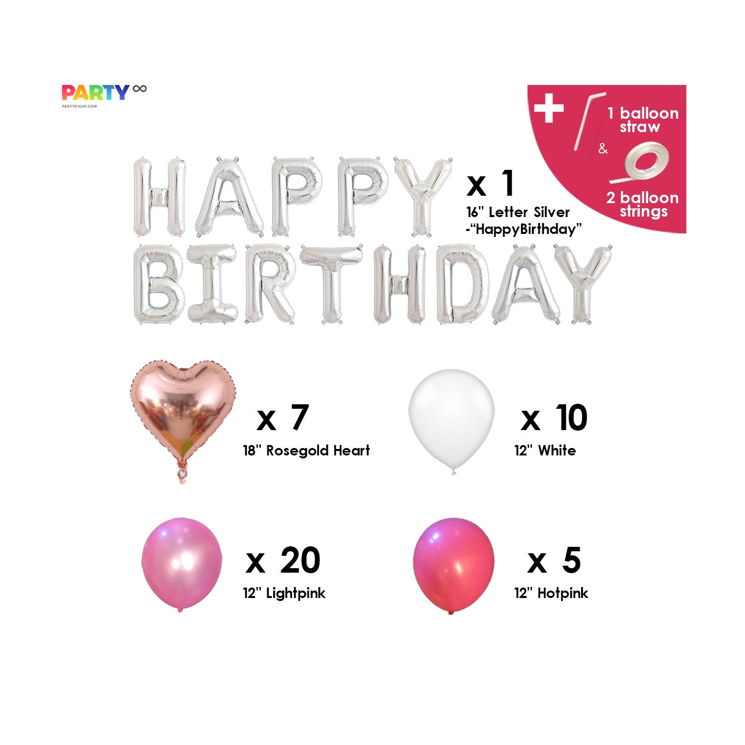 Silver Happy Birthday Decoration with Pink Balloon Bouquet