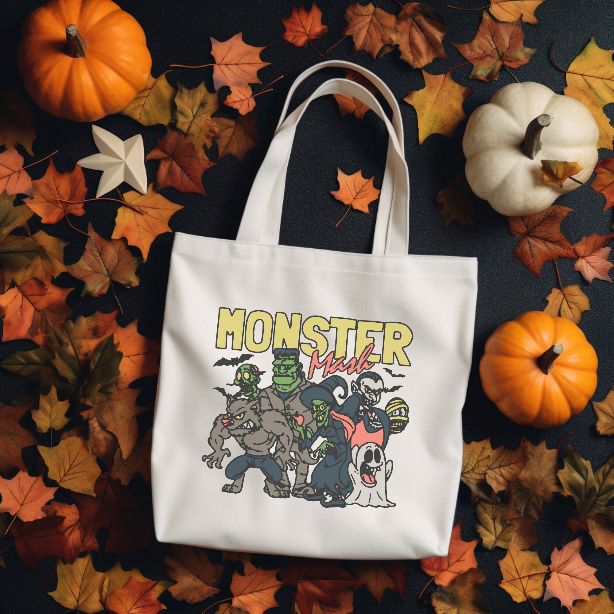 Retro Halloween Tote Bag, Monster Mash Tote Bag, Vintage Retro trick or treat Tote Bag, Retro Monster Halloween Gift for Her, Him, Friend